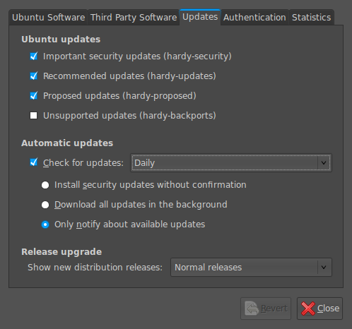Updates tab from Ubuntu Software Sources screen